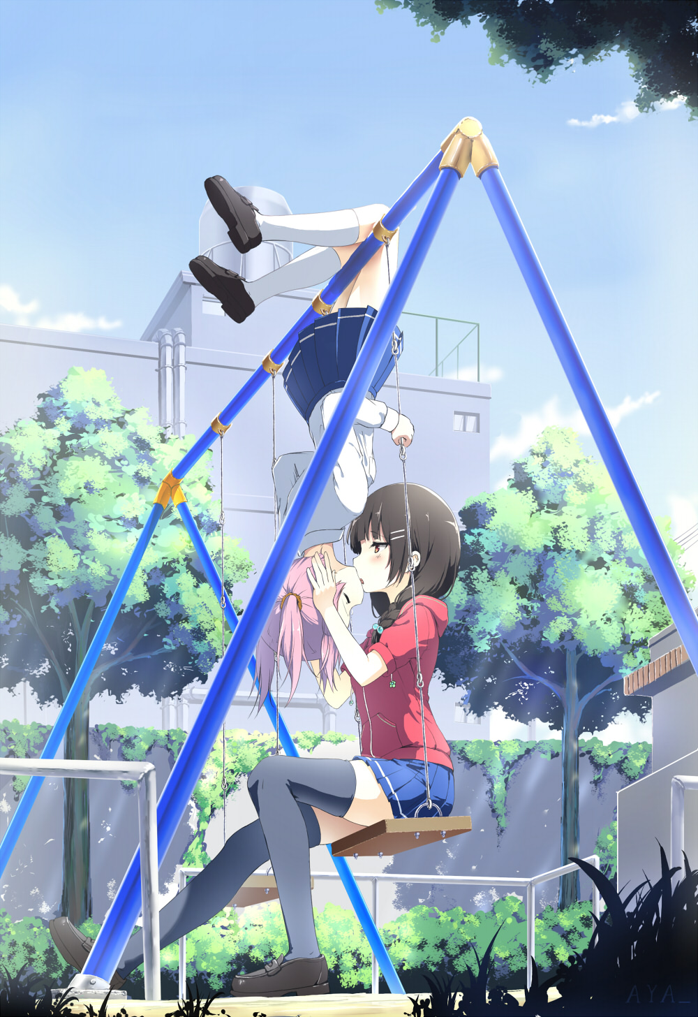 2girls artist_name aya223 black_legwear blue_skirt blue_sky braid brown_footwear brown_hair building day grass hair_bobbles hair_ornament hairclip hanging highres kneehighs long_sleeves medium_hair multiple_girls original outdoors pink_hair railing shirt short_twintails sitting skirt sky swing swing_set thighhighs tree twintails upside-down_kiss wall white_legwear white_shirt yuri