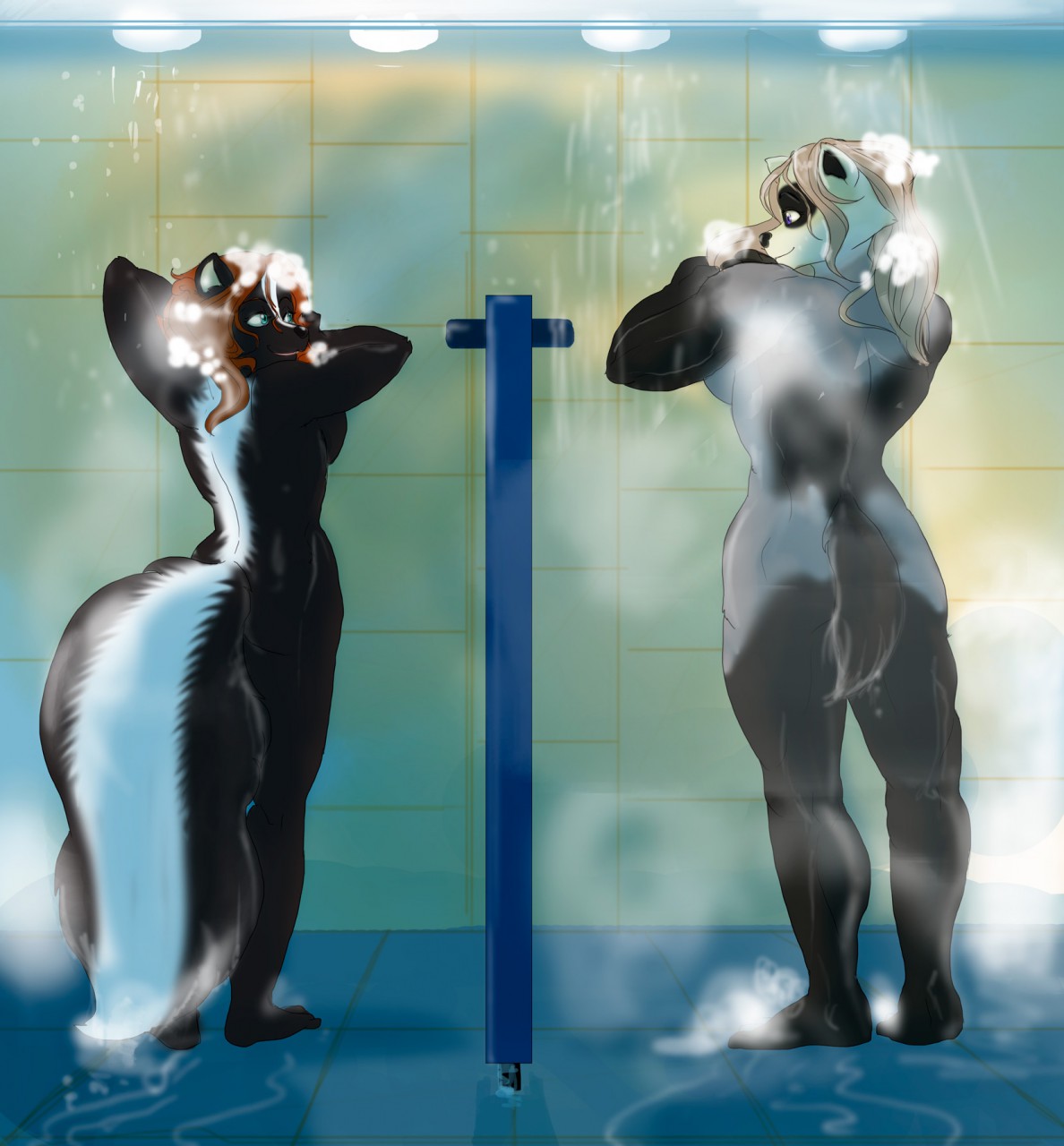 2019 5_fingers anthro badger black_fur black_nose blonde_hair breasts butt convenient_censorship digital_media_(artwork) duo female fluffy fluffy_tail fur green_eyes hair hi_res inside kim_(mykegreywolf) liz_(mykegreywolf) long_hair mammal mephitid missebony muscular muscular_female mustelid musteline nude open_mouth purple_eyes red_hair shower side_boob skunk smile soap standing steam tail_censorship water