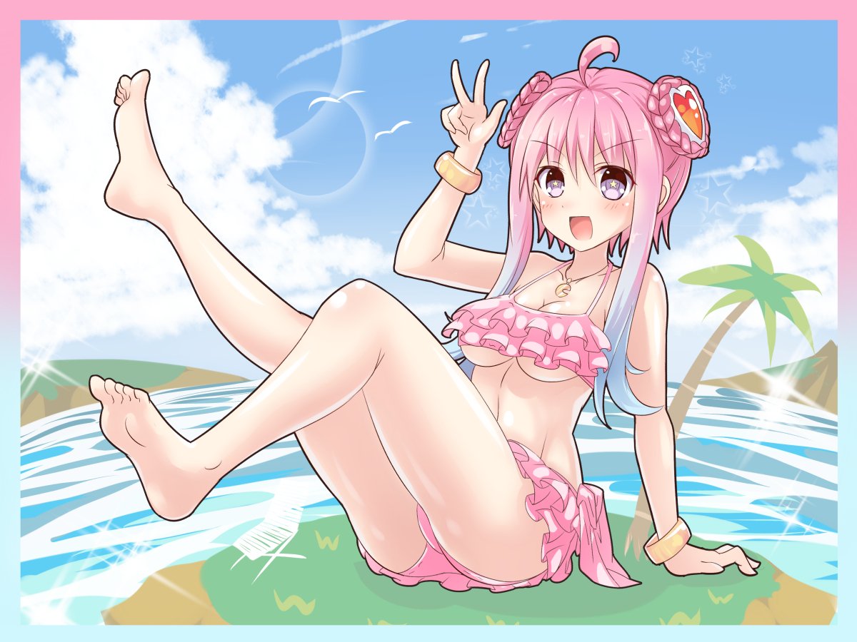 1girl ahoge barefoot bikini blush bracelet breasts compile_heart eyebrows_visible_through_hair frilled_bikini frills full_body ileheart jewelry kazuneko_(wktk1024) medium_breasts necklace pink_bikini pink_eyes pink_hair sidelocks sitting star star-shaped_pupils swimsuit symbol-shaped_pupils underboob