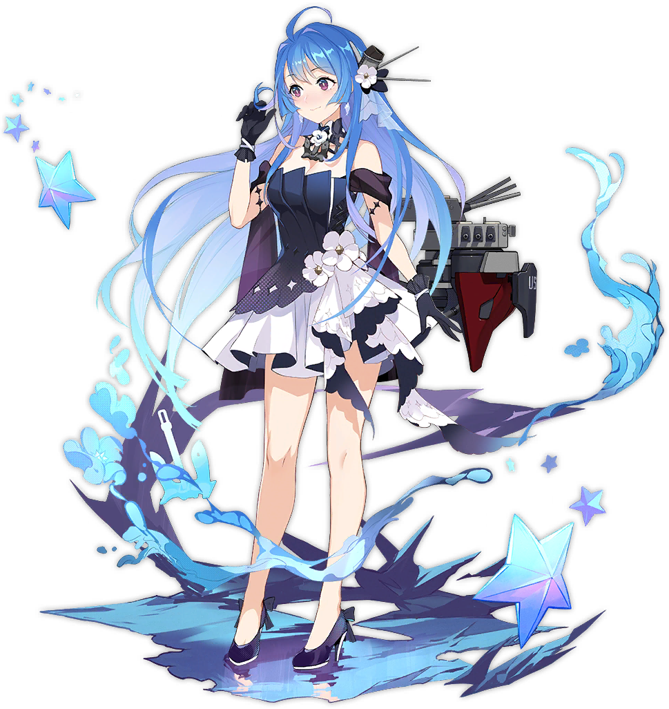 1girl :o ahoge alternate_costume azur_lane bangs bare_shoulders blue_dress blue_hair blush breasts cannon choker closed_mouth dress eyebrows_visible_through_hair full_body gloves hair_between_eyes hair_ornament helena_(azur_lane) high_heels layered_dress long_hair looking_at_hand medium_breasts multicolored multicolored_clothes multicolored_dress official_art playing_with_hair pout purple_eyes purple_footwear realmbw rigging shawl smile standing standing_on_liquid strapless strapless_dress transparent_background very_long_hair white_dress