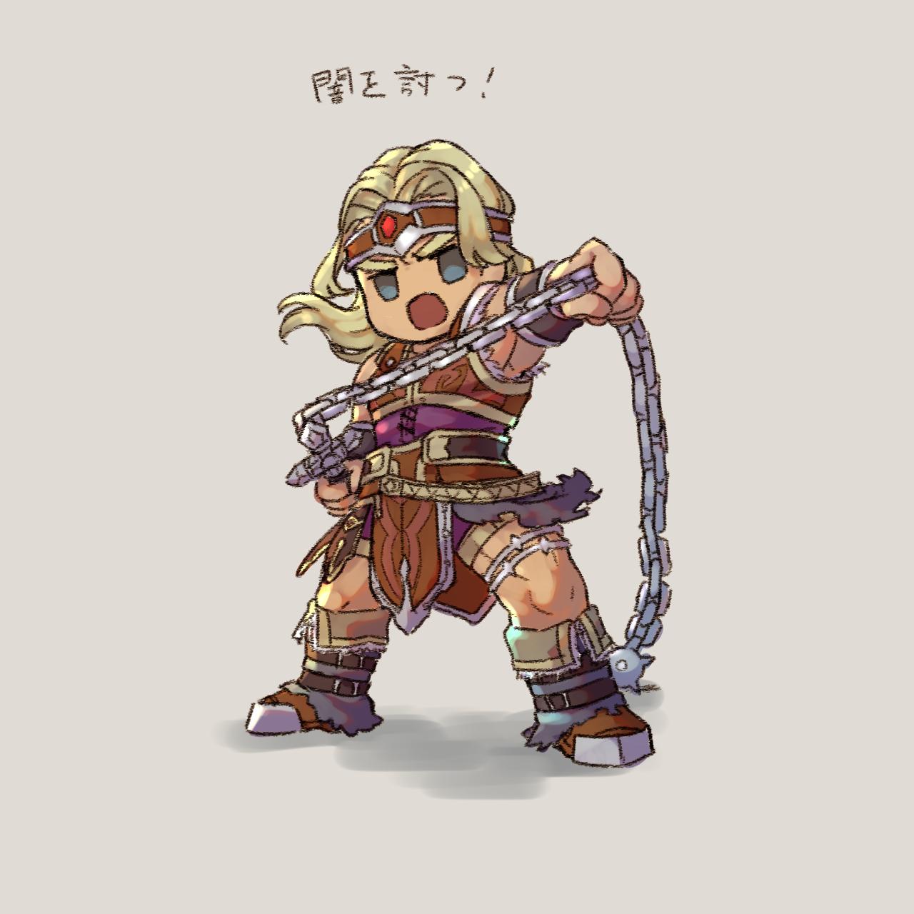 1boy armor belt blonde_hair blue_eyes castlevania chibi gloves headband highres ia_takame long_hair looking_at_viewer male_focus muscle open_mouth short_hair simon_belmondo simple_background smile solo super_smash_bros. translation_request weapon whip