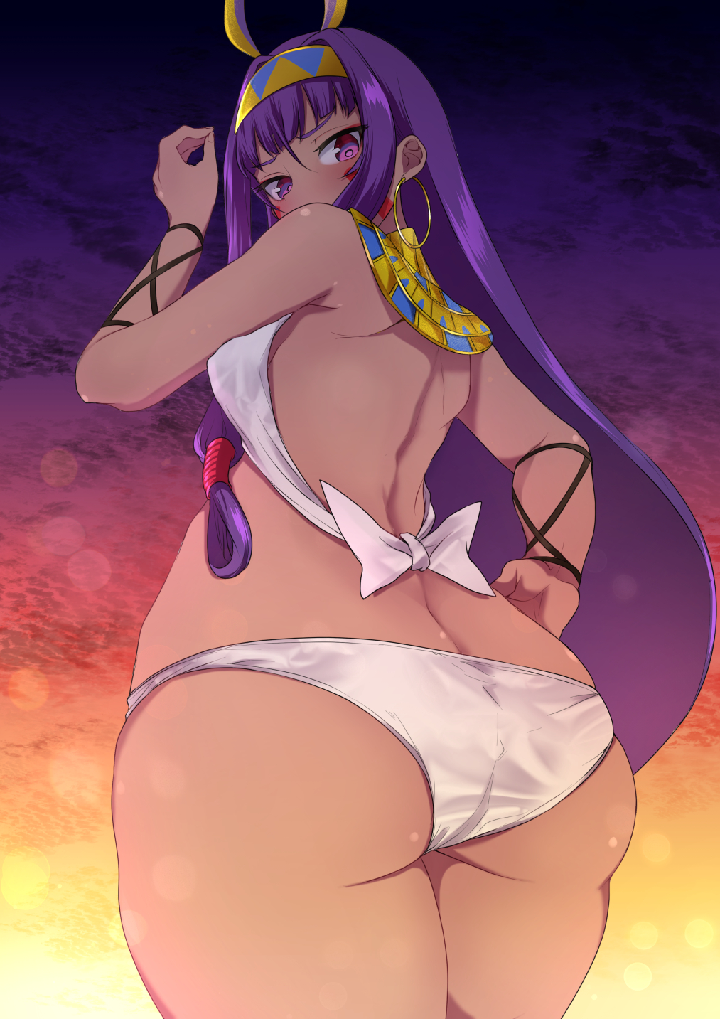 1girl animal_ears ass back bangs bare_shoulders blunt_bangs blush breasts dark_skin earrings facepaint facial_mark fate/grand_order fate_(series) hair_between_eyes hairband highres hoop_earrings jackal_ears jewelry long_hair looking_at_viewer looking_back low-tied_long_hair medium_breasts nitocris_(fate/grand_order) panties purple_eyes purple_hair rikosyegou sidelocks solo thighs twilight underwear usekh_collar very_long_hair