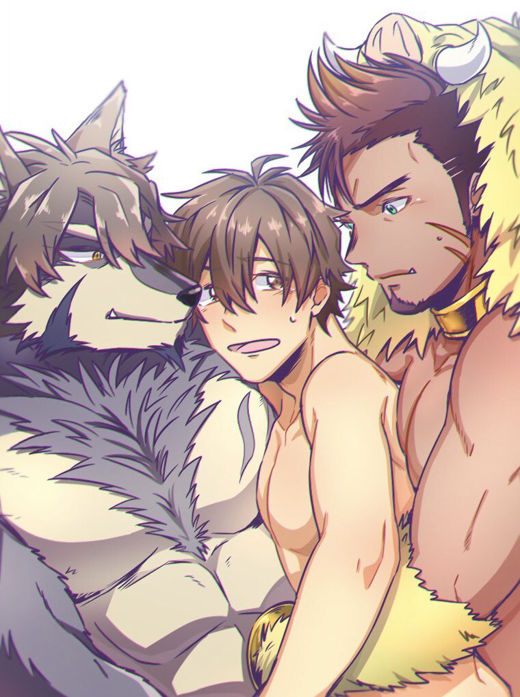 abs blush canid canine canis facial_hair from_behind_(disambiguation) goatee group group_sex gullinbursti headdress hug human humanoid male male/male mammal muscular muscular_male nude pecs sex sweat temujin threesome tokyo_afterschool_summoners tusks twink_protagonist_(tas) video_games wolf yonsamo4