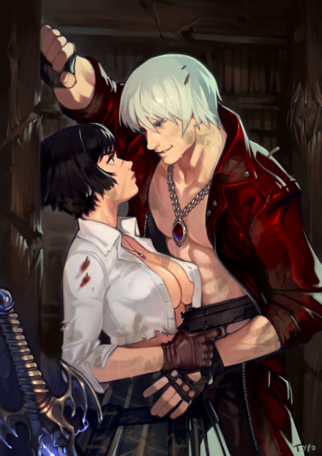 1boy 1girl abs against_wall bandages black_hair breasts commentary dante_(devil_may_cry) desert_eagle devil_may_cry devil_may_cry_3 dirty dirty_face english_commentary eye_contact gloves gun hand_on_another's_stomach handgun height_difference hetero jacket jewelry lady_(devil_may_cry) large_breasts looking_at_another necklace no_bra open_clothes open_jacket open_shirt parted_lips partly_fingerless_gloves pectorals revision silver_hair skirt smile sweat typo_(requiemdusk) wall_slam weapon