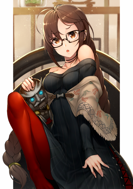 1girl :o ahoge banned_artist bare_shoulders black-framed_eyewear brown_eyes brown_hair character_doll commentary_request consort_yu_(fate) dress fate/grand_order fate_(series) glasses kyoeiki long_hair looking_at_viewer off-shoulder_dress off_shoulder pantyhose rectangular_eyewear red_legwear ribbed_dress solo very_long_hair xiang_yu_(fate/grand_order)