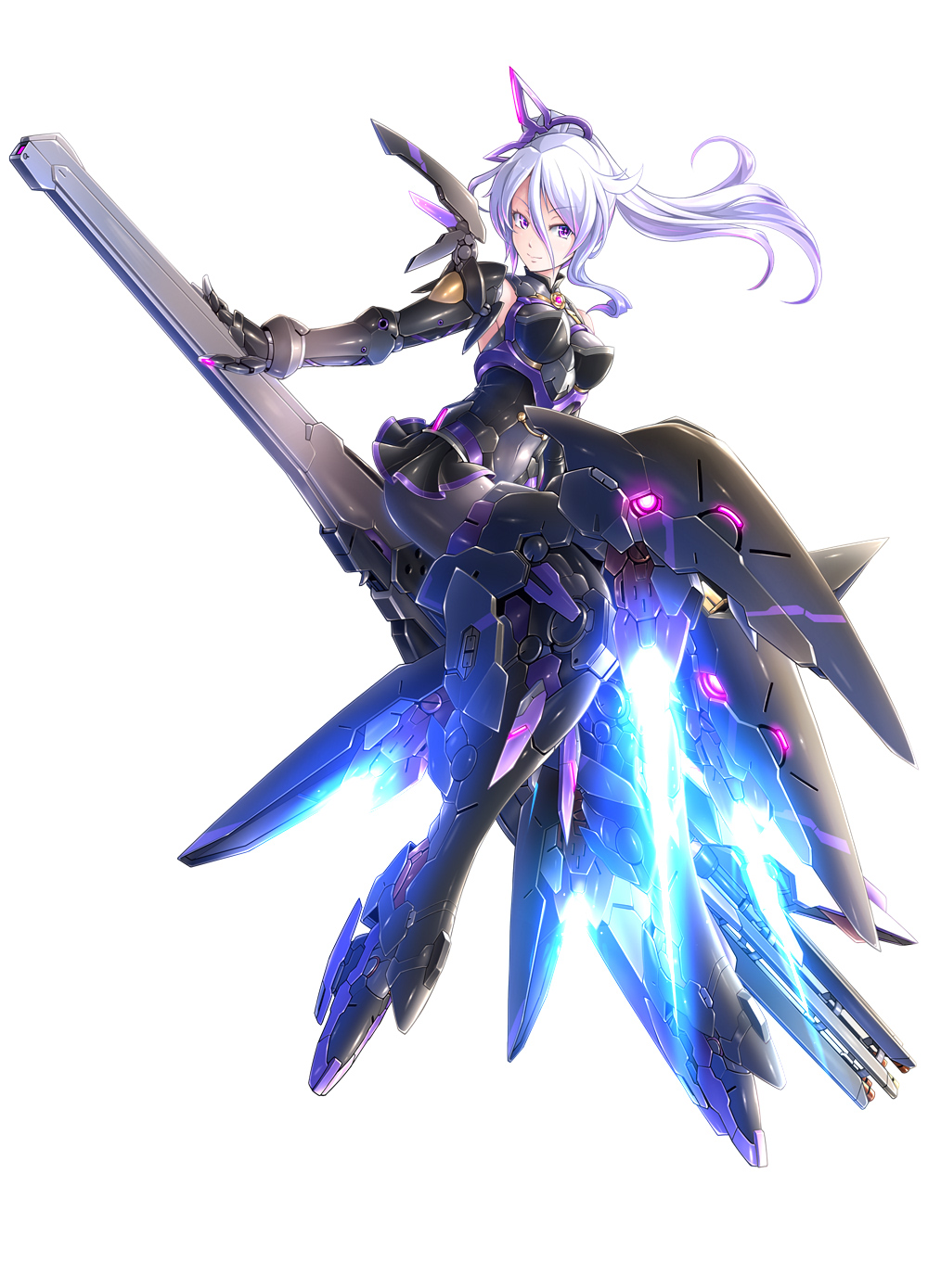 1girl alice_gear_aegis armor asymmetrical_bangs bangs cannon commentary_request covered_navel eyebrows_visible_through_hair full_body hair_between_eyes hair_ornament hand_on_weapon highres looking_at_viewer mecha_musume plantar_flexion ponytail purple_eyes shiny shiny_clothes side_ponytail skin_tight solo takamaru_(taka1220) thrusters white_background white_hair