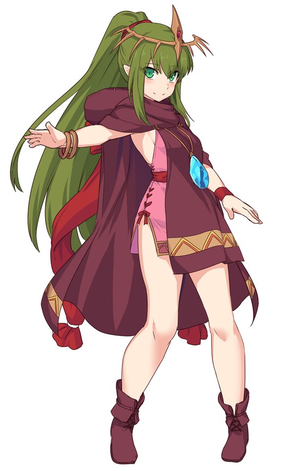 1girl chiki circlet dress fire_emblem fire_emblem:_monshou_no_nazo fire_emblem_heroes green_eyes green_hair hood jewelry long_hair looking_at_viewer mamkute pink_dress pointy_ears ponytail shiseki_hirame short_dress simple_background smile solo tiara