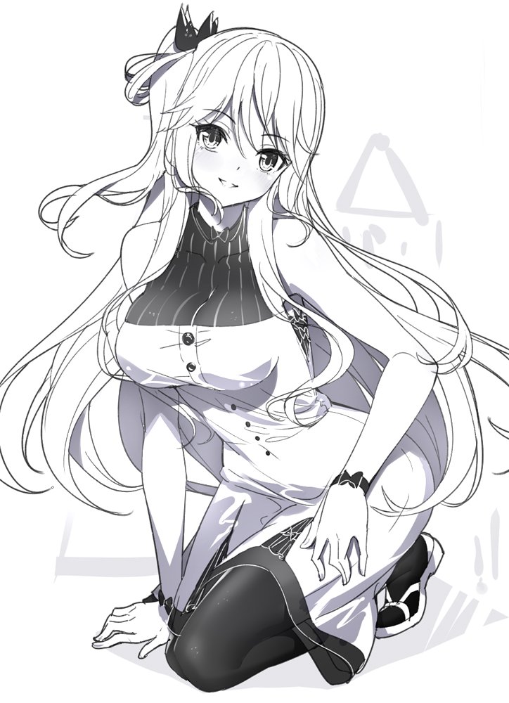 1girl arm_support bangs bare_shoulders blush bow breasts commentary dress emily_stock eyebrows_visible_through_hair fingernails full_body greyscale hair_between_eyes hair_bow head_tilt kneeling long_hair medium_breasts monochrome one_side_up original pantyhose parted_lips ririko_(zhuoyandesailaer) sandals sleeveless sleeveless_dress smile solo symbol_commentary very_long_hair white_background