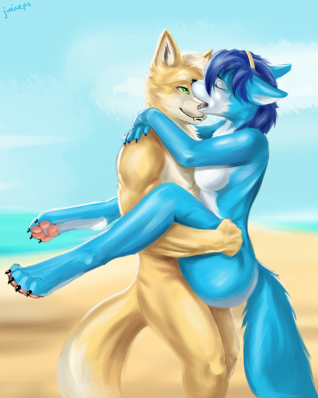 &lt;3 2019 ambiguous_penetration barefoot beach black_nose blue_fur blue_hair breasts canid canine carrying dipstick_tail eyes_closed female fox fox_mccloud fur hair hi_res juiceps krystal looking_pleasured love male male/female mammal multicolored_fur multicolored_tail nintendo nipples nude open_mouth penetration romantic romantic_couple seaside sex side_boob signature smile stand_and_carry_position standing standing_sex star_fox tasteful video_games white_fur yellow_fur