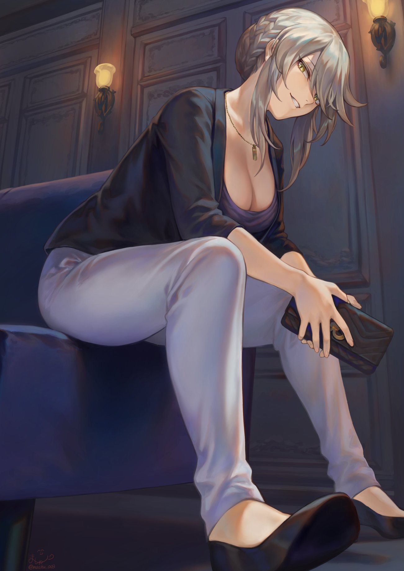 1girl artoria_pendragon_(all) artoria_pendragon_(lancer_alter) bag bangs black_footwear black_jacket braid breasts cleavage couch fate/grand_order fate_(series) french_braid grey_hair grey_pants hair_bun handbag highres indoors jacket jewelry large_breasts leaning_forward long_hair long_sleeves looking_at_viewer mashu_003 necklace no_socks open_clothes open_jacket pants parted_lips purple_shirt shirt shoes sidelocks signature sitting sitting_sideways slit_pupils smile solo teeth wall_lamp wallet yellow_eyes