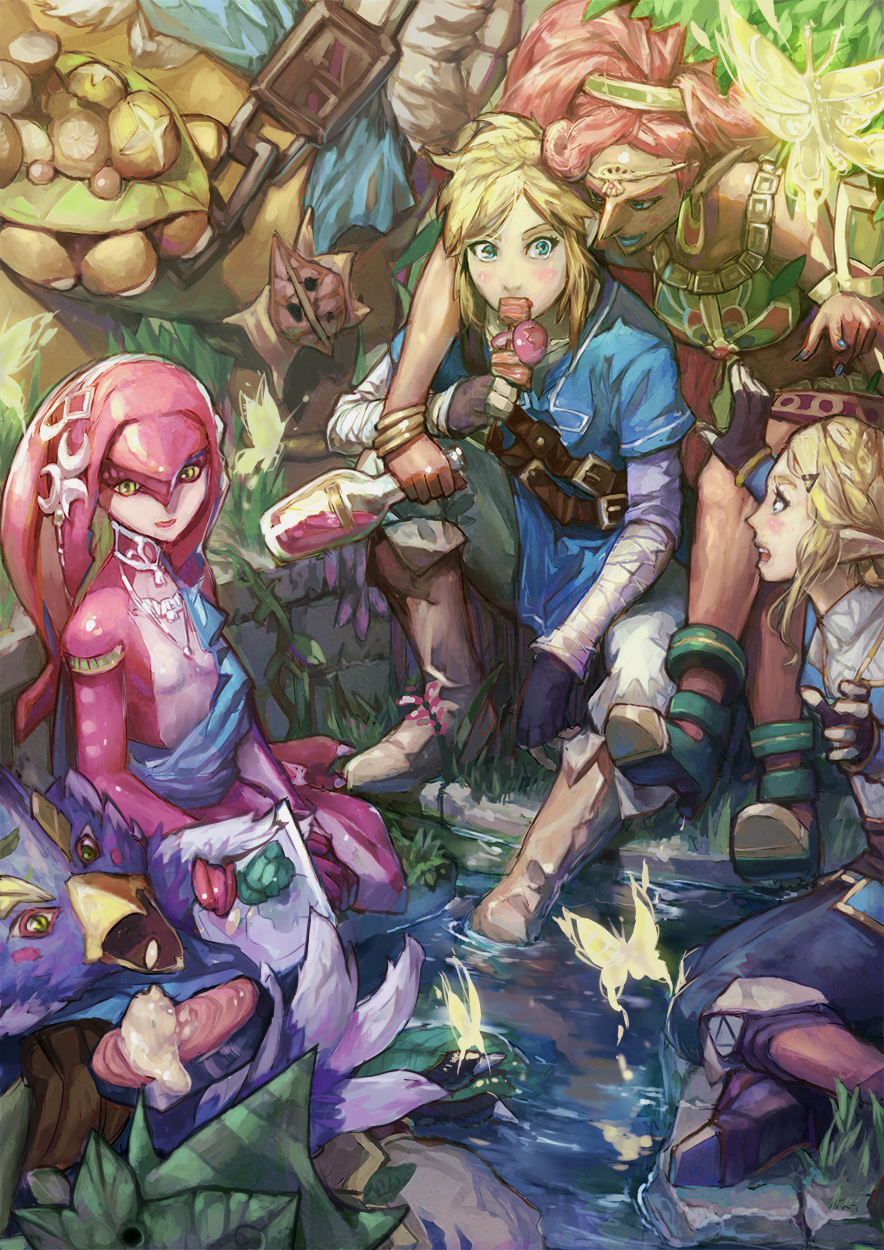 3boys 3girls arm_around_neck arm_rest beak blonde_hair blue_eyes boots bottle braid bug butterfly crossed_legs crown_braid dark_skin daruk day earrings eating fingerless_gloves fingernails fish_girl food friends gerudo gloves goron green_eyes hand_up highres holding holding_bottle holding_food insect jewelry link lips lipstick long_hair looking_at_another looking_up makeup mipha monster_girl multiple_boys multiple_girls nail_polish open_mouth outdoors pants pendant pointing pointy_ears princess_zelda red_hair red_skin revali rito shoes shrimqsleeq sidelocks sitting smile standing the_legend_of_zelda the_legend_of_zelda:_breath_of_the_wild tunic urbosa water zora