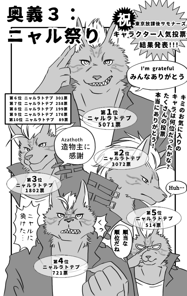 anthro clothed clothing fully_clothed hyaenid jacket japanese_text kemono male mammal mohawk_(hairstyle) nyarlathotep_(housamo) simple_background smile solo striped_hyena text tokyo_afterschool_summoners topwear translation_request video_games ゆり根