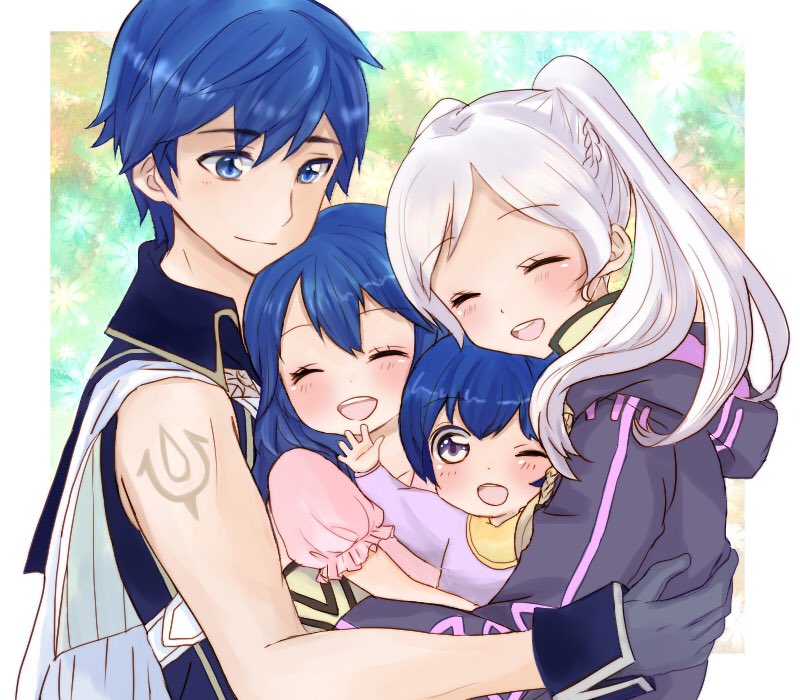 2boys 2girls arm_tattoo blue_hair blush cape closed_eyes father_and_daughter father_and_son female_my_unit_(fire_emblem:_kakusei) fire_emblem fire_emblem:_kakusei floral_background happy hood hood_down krom looking_at_another lucina mark_(fire_emblem) mark_(male)_(fire_emblem) mother_and_daughter mother_and_son multiple_boys multiple_girls my_unit_(fire_emblem:_kakusei) open_mouth puni_(thw0lau0etfzzfh) short_hair silver_hair smile tattoo upper_body younger