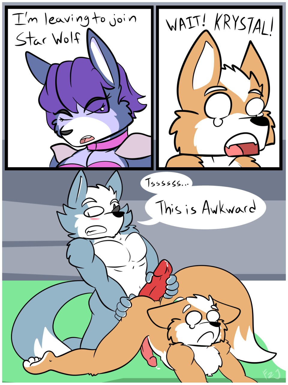 anal bed blush canid canine canis comic dialogue duo english_text erection female fox fox_mccloud foxzombiej hi_res humor inside krystal male male/male mammal masturbation muscular nintendo penile penis star_fox text video_games wolf wolf_o'donnell