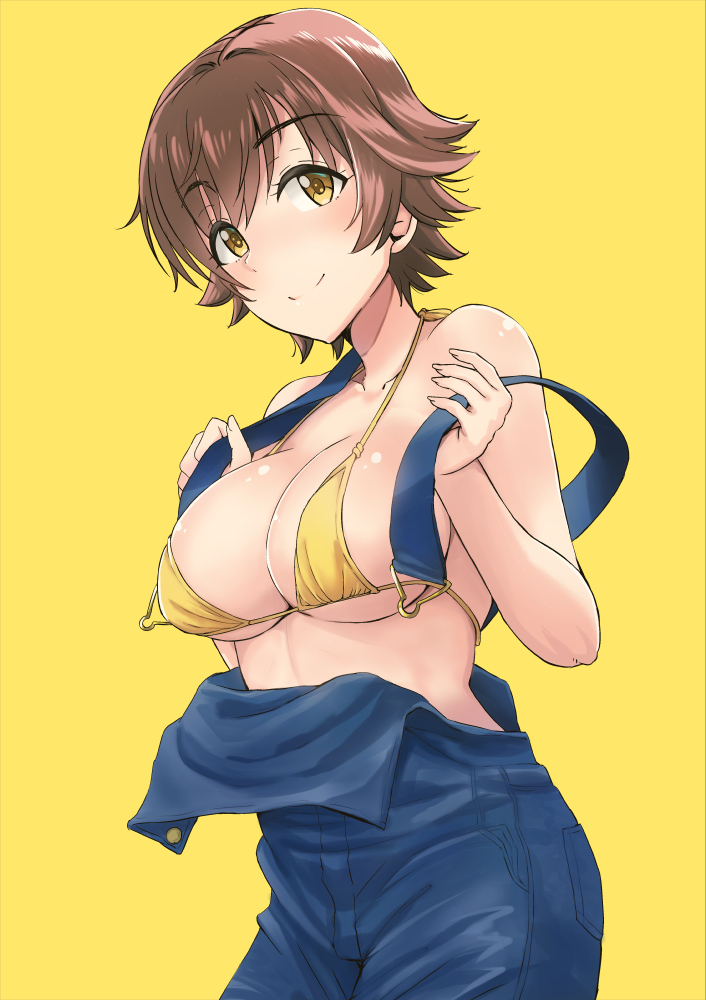 1girl bare_arms bare_shoulders bikini blush breasts brown_hair collarbone commentary_request cowboy_shot denim eyebrows_visible_through_hair holding honda_mio idolmaster idolmaster_cinderella_girls large_breasts looking_at_viewer overalls shiroyukimajima short_hair simple_background smile solo swimsuit yellow_background yellow_bikini yellow_bikini_top yellow_eyes