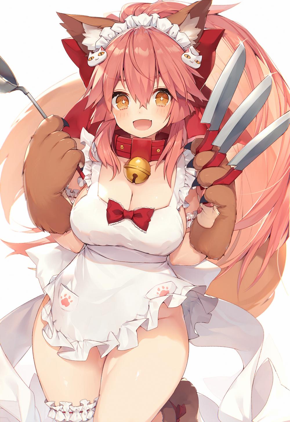 2019 :3 :d animal_humanoid apron apron_only arm_garter bell bell_collar berserker_tamamo_cat big_breasts blush breasts brown_fur canid canid_humanoid canine canine_humanoid caster_tamamo-no-mae claws cleavage clothed clothing collar digital_media_(artwork) ear_tuft fate_(series) female fox fox_humanoid fur glistening glistening_skin hair hi_res holding_object humanoid kitchen_utensils knife ladle leg_garter long_hair looking_at_viewer mammal mammal_humanoid mostly_nude muryotaro no_underwear open_mouth pink_hair ribbons simple_background smile solo thick_thighs tools tuft white_background white_fur yellow_eyes