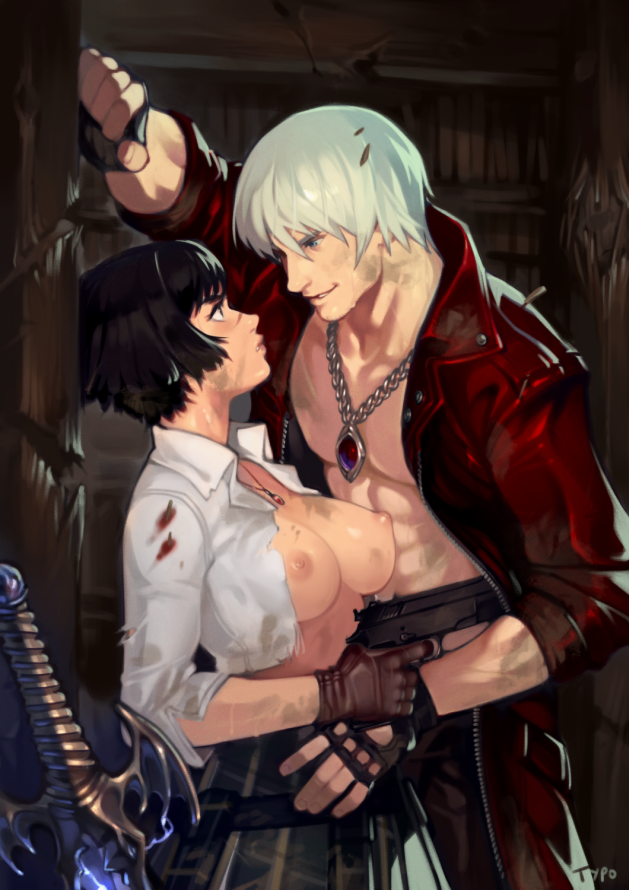 1boy 1girl abs against_wall areolae bandages black_hair breasts commentary dante_(devil_may_cry) desert_eagle devil_may_cry devil_may_cry_3 dirty dirty_face english_commentary eye_contact gloves gun hand_on_another's_stomach handgun height_difference hetero jacket jewelry lady_(devil_may_cry) large_breasts looking_at_another necklace nipples no_bra open_clothes open_jacket open_shirt parted_lips partly_fingerless_gloves pectorals silver_hair skirt smile sweat torn_clothes typo_(requiemdusk) wall_slam weapon
