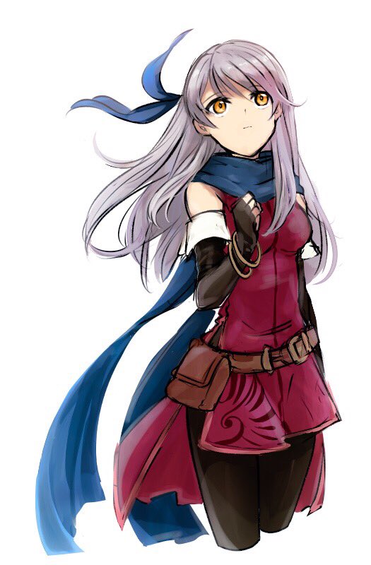 1girl bag bangle bare_shoulders belt black_gloves blue_scarf bracelet cropped_legs doku_ringo36 dress elbow_gloves fingerless_gloves fire_emblem fire_emblem:_akatsuki_no_megami gloves hair_ribbon half_updo jewelry long_hair looking_away looking_up micaiah ribbon scarf side_slit silver_hair simple_background sleeveless sleeveless_dress solo white_background yellow_eyes