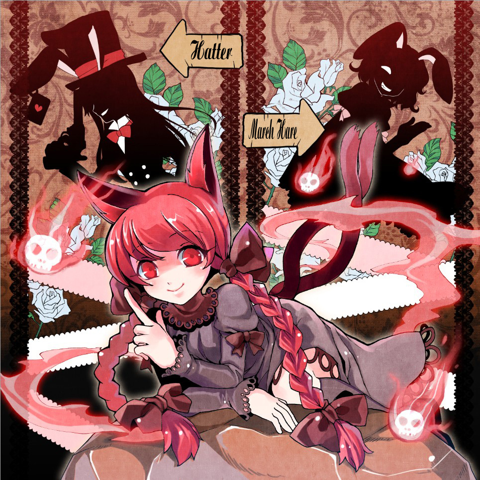 alice_in_wonderland animal_ears braid cat_ears cat_tail cheshire_cat gun hair_ribbon hakoiri_nekohime hat inaba_tewi kaenbyou_rin long_hair mad_hatter march_hare multiple_girls multiple_tails red_eyes red_hair reisen_udongein_inaba ribbon shadow short_hair smile tail top_hat touhou twin_braids twintails weapon