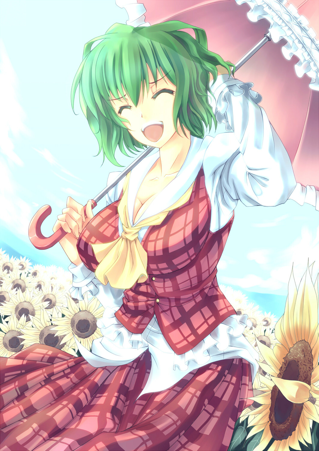 :d ascot breasts cleavage closed_eyes colored_eyelashes dutch_angle field fisheye flower flower_field green_hair hand_behind_head happy highres kazami_yuuka kinntarou large_breasts open_mouth parasol plaid plaid_skirt plaid_vest short_hair skirt skirt_set smile solo sunflower touhou umbrella untucked vest
