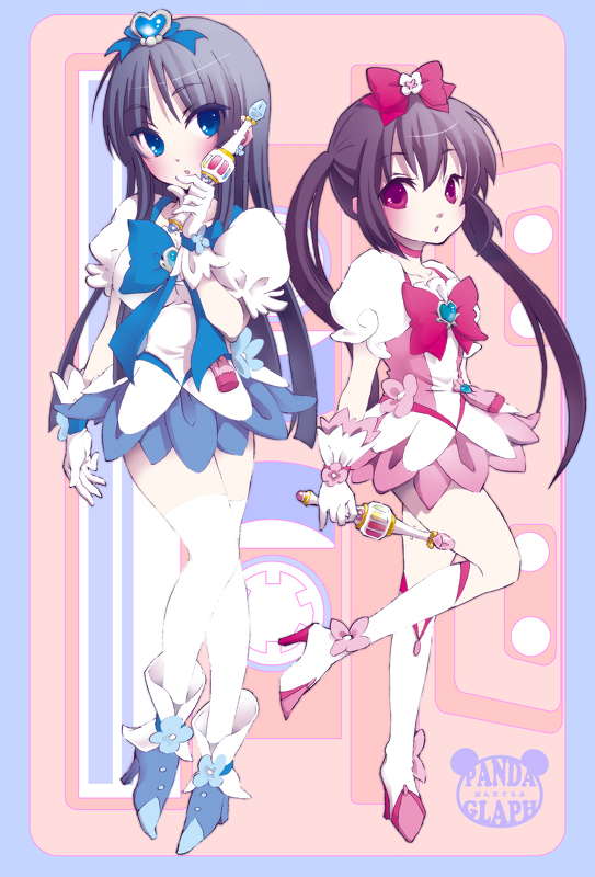 akiyama_mio black_hair blue_eyes blue_skirt boots choker cosplay cure_blossom cure_blossom_(cosplay) cure_marine cure_marine_(cosplay) heartcatch_precure! k-on! knee_boots long_hair magical_girl multiple_girls naa nakano_azusa pink_choker precure red_eyes skirt thighhighs twintails wand