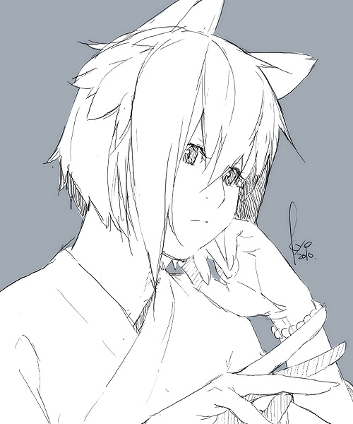 androgynous animal_ears bracelet cat_ears chin_rest copyright_request face greyscale japanese_clothes jewelry kyo_(kuroichigo) monochrome short_hair signature solo
