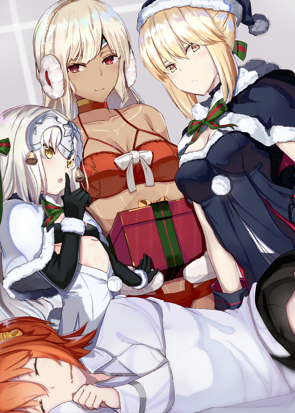 ahoge altera_(fate) altera_the_santa artoria_pendragon_(all) bare_shoulders bell black_bikini_top black_gloves blonde_hair blush bow box breasts cape capelet chaldea_uniform choker christmas dark_skin earmuffs elbow_gloves eyes_closed fate/apocrypha fate/grand_order fate_(series) fujimaru_ritsuka_(female) fur_trim gift gift_box gloves green_bow green_ribbon hair_ornament hair_scrunchie hat headpiece highres holding holding_gift jacket jeanne_d'arc_(fate)_(all) jeanne_d'arc_alter_santa_lily jeanne_d'arc_(fate)_(all) jeanne_d'arc_alter_santa_lily long_hair looking_at_viewer medium_breasts mittens multiple_girls ninoude_(ninoude44) one_side_up open_mouth orange_hair red_eyes ribbon saber_alter santa_alter santa_costume santa_hat scrunchie short_hair side_ponytail skirt sleeping small_breasts smile striped striped_bow striped_ribbon veil white_capelet white_hair white_jacket yellow_eyes younger
