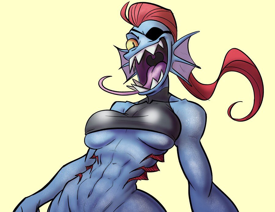 2019 abs anthro blue_skin bottomless breasts clothed clothing crop_top ear_frills eye_patch eyewear fish frill gills hair humanoid long_hair long_tongue looking_at_viewer marine open_mouth red_hair scalie sharp_teeth shirt skimpy slit_pupils smile solo standing teeth tight_clothing tongue tongue_out topwear trashbinpanda under_boob undertale undyne uvula video_games yellow_sclera