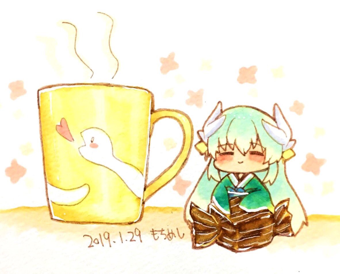 1girl candy chibi cup dated eyebrows_visible_through_hair fate/grand_order fate_(series) food green_hair horns japanese_clothes kimono kiyohime_(fate/grand_order) long_hair minigirl motimotimeshi mug patterned_background signature sleeves_past_wrists smile steam traditional_media watercolor_pencil_(medium) wrapped_candy