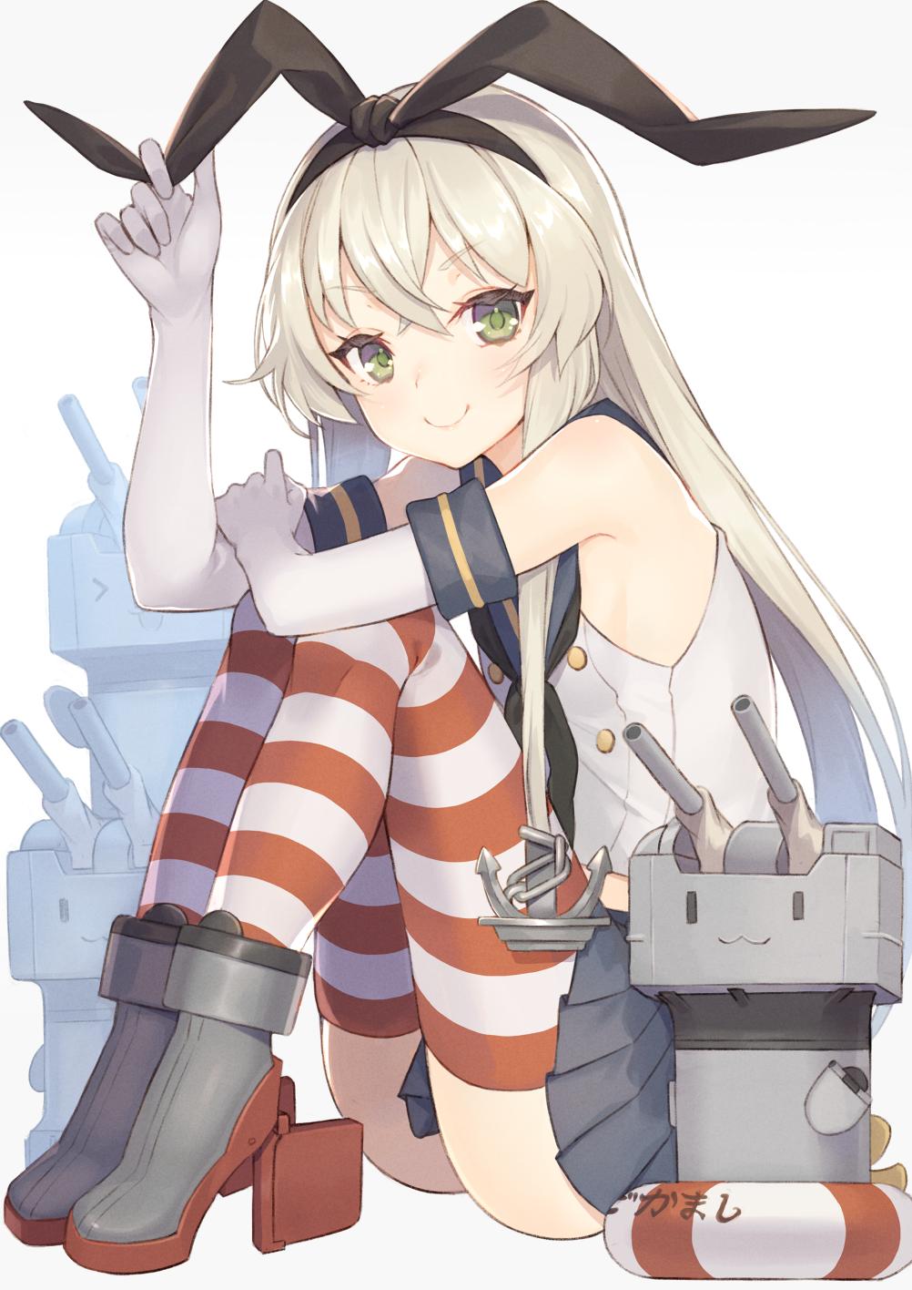 1girl 3others anchor_hair_ornament black_hairband black_neckwear black_panties blonde_hair blue_sailor_collar blue_skirt crop_top elbow_gloves full_body gi_(melmail) gloves grey_eyes hair_ornament hairband highleg highleg_panties highres kantai_collection long_hair looking_at_viewer microskirt miniskirt multiple_others neckerchief panties rensouhou-chan sailor_collar shimakaze_(kantai_collection) simple_background skirt smile striped striped_legwear thighhighs underwear white_background white_gloves
