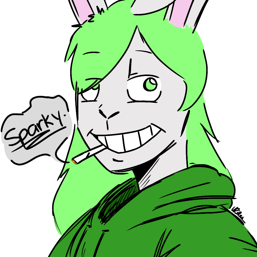 1:1 2018 anthro clothed clothing digital_media_(artwork) female fur green_hair grey_fur hair hare lagomorph leporid lips looking_at_viewer mammal riledsquid smile smoking solo sparky(youtube) text youtuber