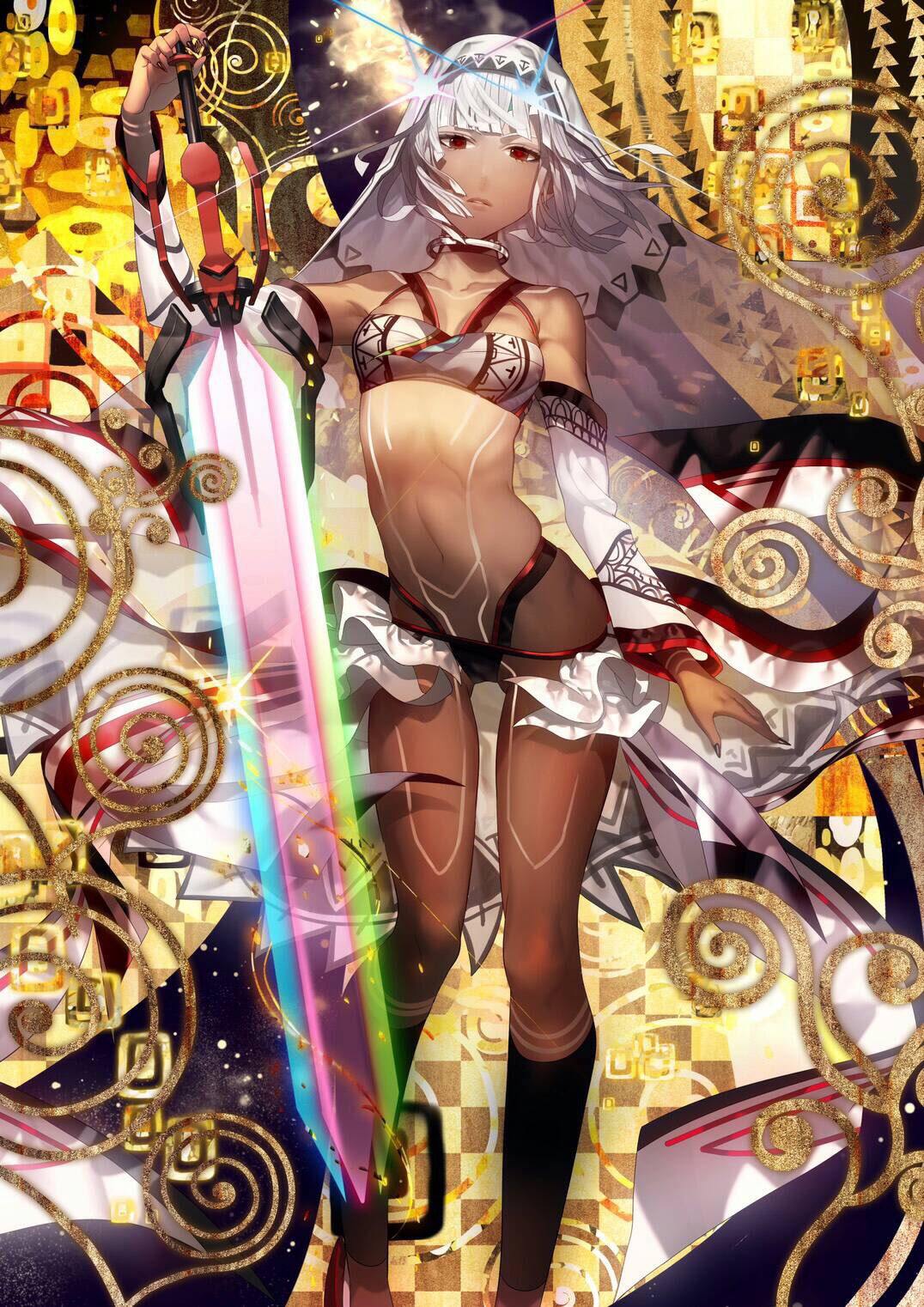 1girl altera_(fate) body_markings fate/extella fate/extra fate_(series) fingernails hand_on_hilt headdress highres light_particles long_hair looking_at_viewer midriff multicolored multicolored_background navel photon_ray red_eyes sharp_fingernails solo sparkle standing sword tsukimoto_aoi weapon white_hair