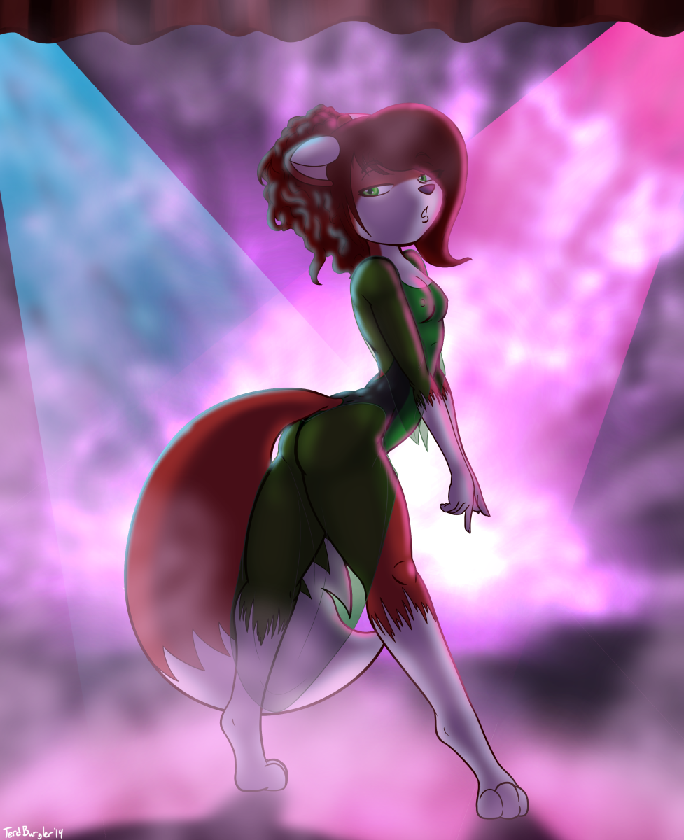 2019 anthro breasts canid canine clothed clothing dipstick_tail domestic_cat felid feline felis fox fur green_eyes hair hi_res hybrid linda_wright mammal multicolored_tail nipple_outline pink_nose red_fur red_hair solo terdburgler