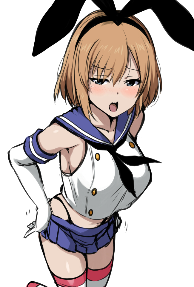 1girl bangs bare_shoulders black_panties blush breasts buttons commentary_request cosplay crop_top elbow_gloves gloves grey_eyes hair_between_eyes hairband highleg highleg_panties horosuke_(toot08) kantai_collection large_breasts light_brown_hair looking_at_viewer microskirt midriff miyamori_aoi open_mouth panties sailor_collar shimakaze_(kantai_collection) shimakaze_(kantai_collection)_(cosplay) shirobako short_hair simple_background skirt solo striped striped_legwear thighhighs thighs thong underwear white_background white_gloves