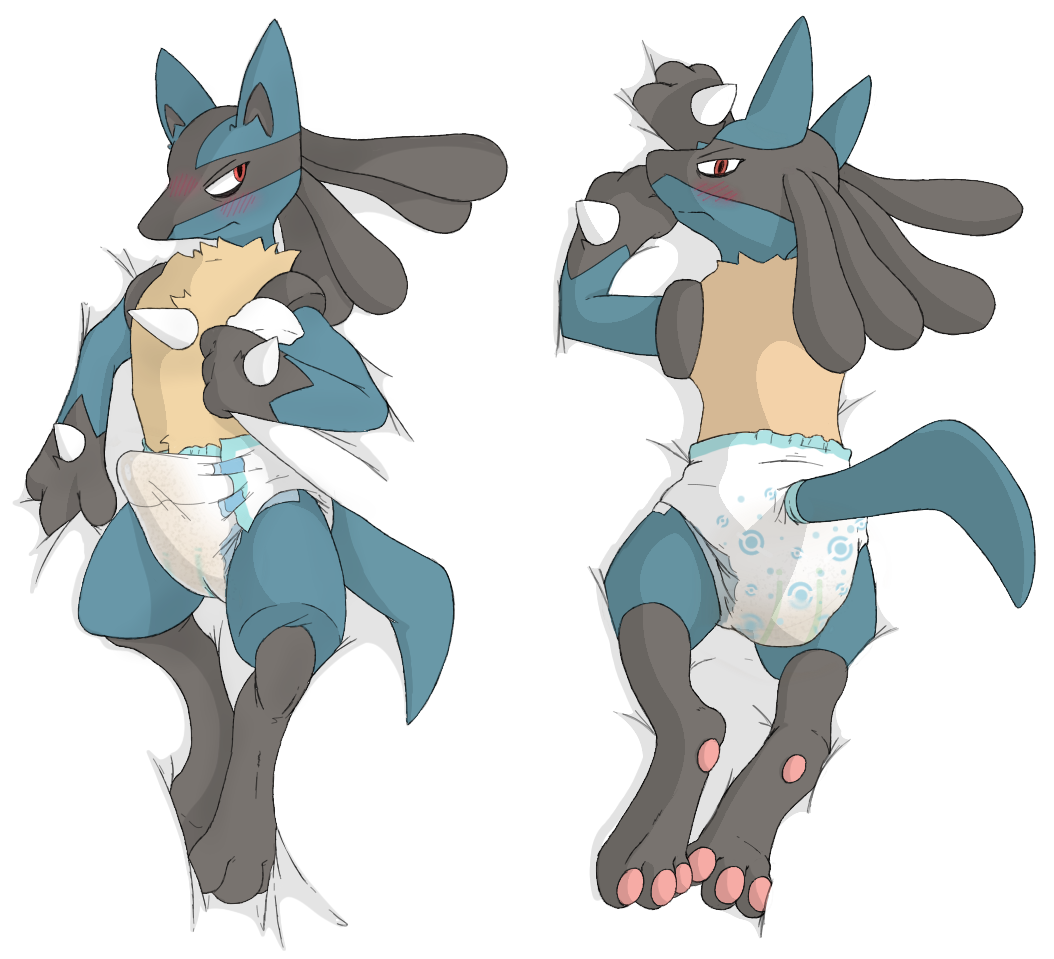 2019 anthro bed blush body_pillow butt canid canine diaper digital_media_(artwork) embarrassed erection looking_at_viewer lucario lying male mammal nintendo on_back on_front pillow pok&eacute;mon pok&eacute;mon_(species) poofy_dragon urine video_games wet_diaper wetting