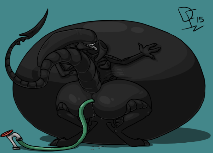 alien alien_(franchise) belly big_belly big_butt black_skin black_tail butt d'selpha de-flator hands_on_stomach hose hyper hyper_belly inflation invalid_tag tagme thick_thighs water_inflation xenomorph