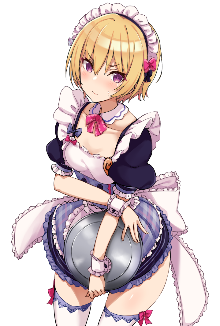 1girl apron bangs blonde_hair blue_dress blush bow breasts cleavage closed_mouth collarbone detached_collar dress frills hair_between_eyes idolmaster idolmaster_shiny_colors looking_at_viewer maid maid_headdress medium_breasts mitsukazu_(nijigen_complex) puffy_short_sleeves puffy_sleeves purple_eyes saijou_juri short_hair short_sleeves simple_background solo thighs tray white_background white_legwear wrist_cuffs