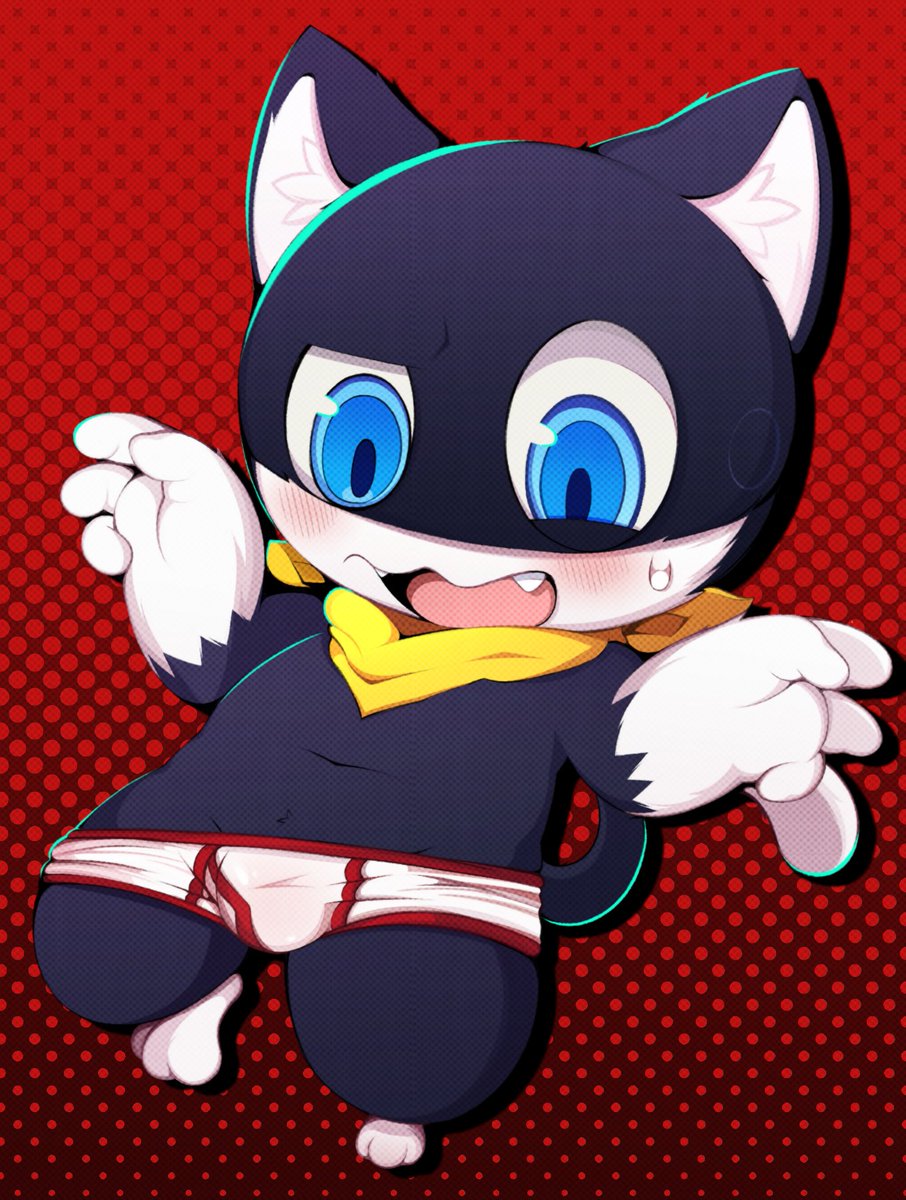 anthro atlus black_fur briefs bulge clothed clothing domestic_cat felid feline felis fur hi_res male mammal megami_tensei morgana_(persona) persona pingkoon solo sweat sweatdrop underwear video_games white_fur