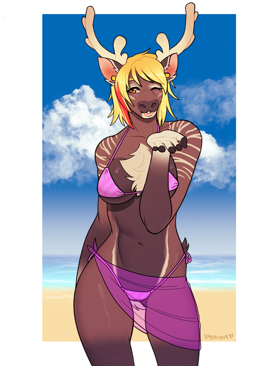 anthro antlers beach bikini cervid clothing female hi_res horn looking_at_viewer mammal porin seaside smile solo standing swimwear thigh_gap wide_hips