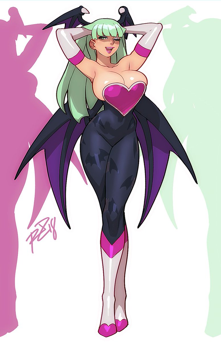 &lt;3 animal_humanoid boots breasts capcom chiropteran chiropteran_humanoid cleavage clothed clothing cosplay darkstalkers demon female footwear green_hair hair hi_res humanoid mammal mammal_humanoid morrigan_aensland one_eye_closed robaato rouge_the_bat sonic_(series) video_games wings wink