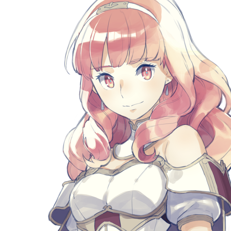 1girl aisutabetao armor bangs bare_shoulders breastplate breasts celica_(fire_emblem) closed_mouth commentary_request detached_collar earrings eyebrows_visible_through_hair fire_emblem fire_emblem_echoes:_mou_hitori_no_eiyuuou hair_ornament hairband jewelry long_hair red_eyes red_hair sidelocks simple_background small_breasts solo upper_body white_background