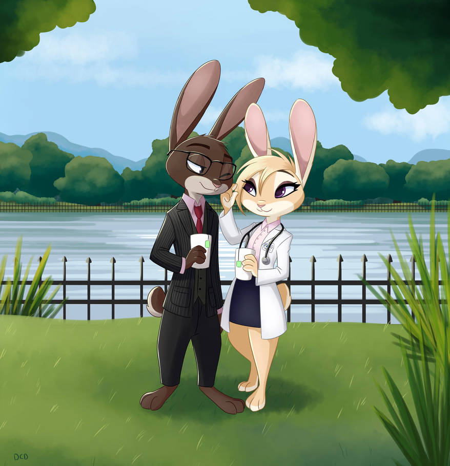 3_toes 4_fingers anthro anthro_on_anthro brown_fur disney doctor fan_character female fur head_tuft holding_object lab_coat lagomorph leporid male male/female mammal medical nadine_hasina_(anheledir) purple_eyes rabbit skeletonguys-and-ragdolls stethoscope tan_fur toes zootopia