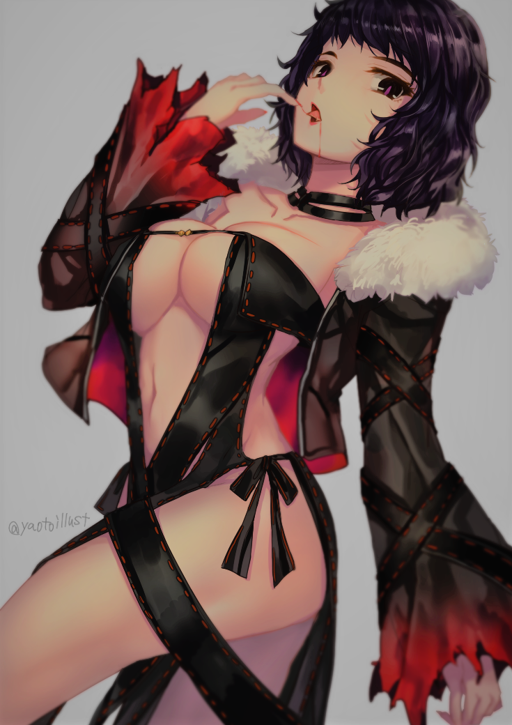 1girl black_dress black_hair black_jacket black_ribbon blood blood_from_mouth breasts cleavage collarbone consort_yu_(fate) consort_yu_(fate)_(cosplay) cosplay dress fur-trimmed_jacket fur_trim grey_background jacket jewelry kawakami_sadayo large_breasts long_sleeves looking_at_viewer necklace open_clothes open_jacket open_mouth persona persona_5 purple_eyes revealing_clothes ribbon shiny shiny_hair short_hair simple_background sleeveless sleeveless_dress solo standing strapless strapless_dress tongue tongue_out twitter_username yaoto