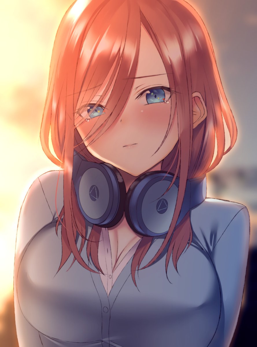 1girl bangs blue_cardigan blue_eyes blush breasts brown_hair cardigan closed_mouth cloud cloudy_sky collared_shirt embarrassed evening eyebrows_visible_through_hair go-toubun_no_hanayome hair_between_eyes headphones headphones_around_neck kakaon large_breasts long_sleeves looking_at_viewer medium_hair nakano_miku outdoors scenery shirt sky solo standing sun sunset white_shirt