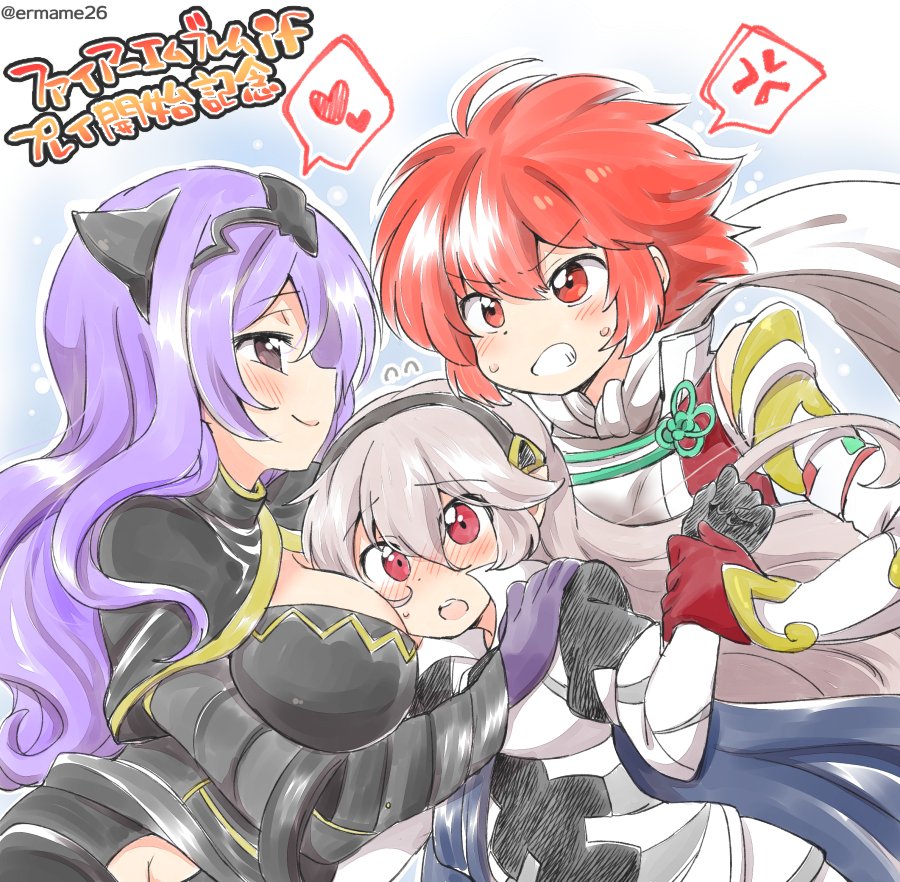 3girls anger_vein armor black_gloves black_hairband blush breasts camilla_(fire_emblem_if) closed_mouth eromame female_my_unit_(fire_emblem_if) fire_emblem fire_emblem_if from_side gloves hairband hinoka_(fire_emblem_if) large_breasts long_hair multiple_girls my_unit_(fire_emblem_if) open_mouth purple_eyes purple_hair red_eyes red_hair short_hair smile tiara twitter_username white_hair yuri