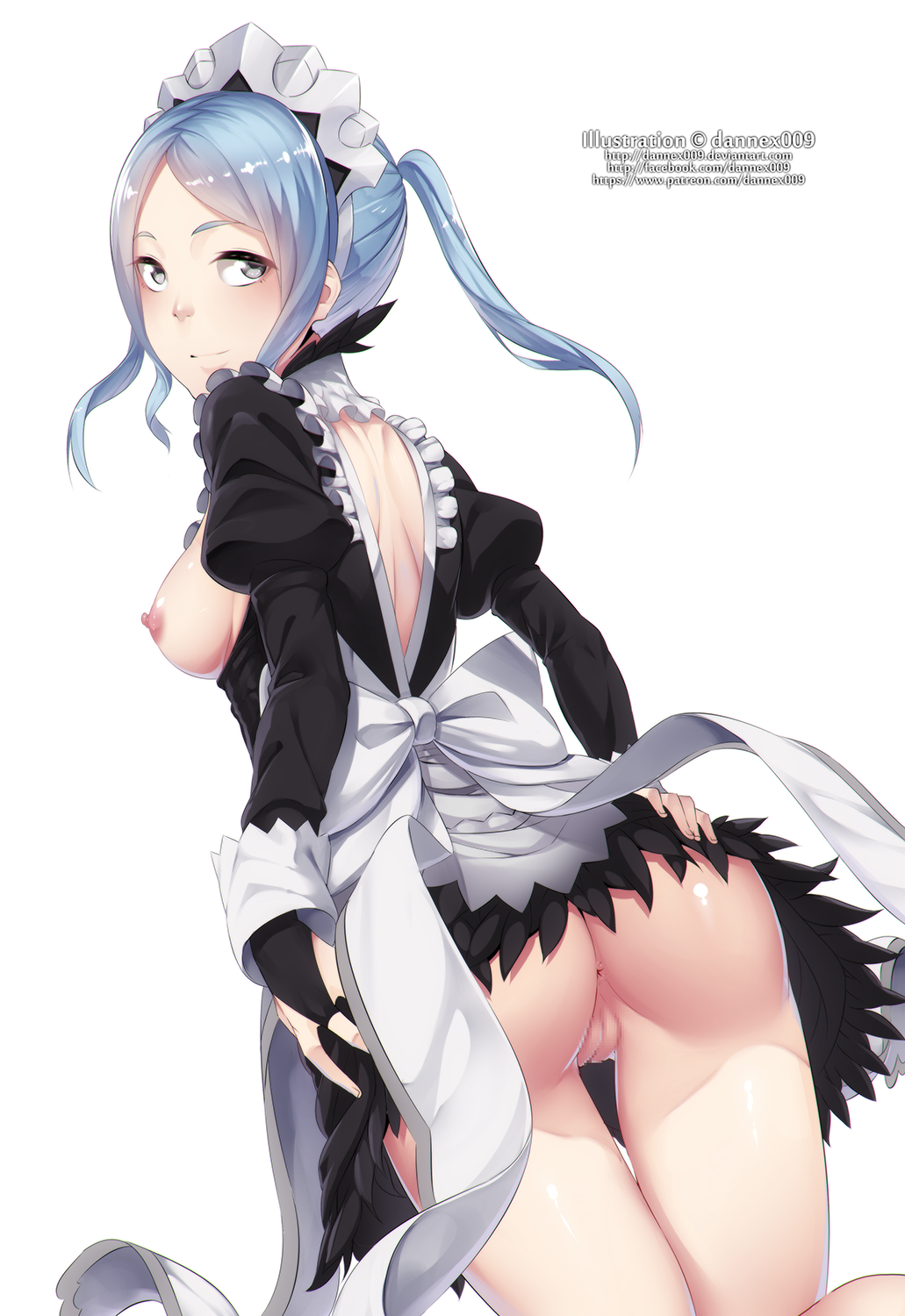 1girl anus apron aqua_hair artist_name ass bangs black_dress breasts breasts_outside censored dannex009 dress fire_emblem fire_emblem_if flora_(fire_emblem_if) from_behind highres kneeling long_sleeves looking_at_viewer looking_back maid maid_apron maid_headdress medium_breasts mosaic_censoring nipples no_panties parted_bangs puffy_long_sleeves puffy_sleeves pussy shiny shiny_skin short_hair silver_eyes simple_background solo twintails watermark web_address white_background