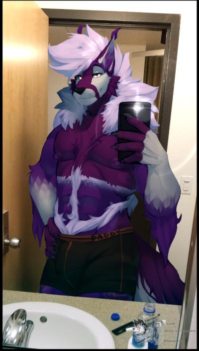 bedroom_eyes body_hair bulge camera canid canine canis clothing coyote dadbod dusty_rayne father fluffy fur hair half-closed_eyes happy_trail lex08 male mammal mature_male muscular parent phone pink_hair purple_fur seductive smile smirk underwear