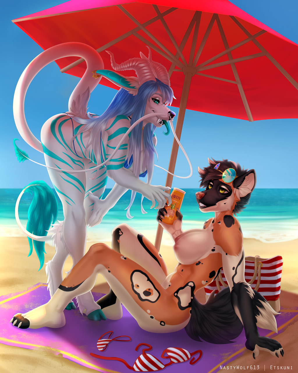 2019 5_fingers african_wild_dog anthro areola beach bikini breasts canid canine clothing day detailed_background digital_media_(artwork) dragon duo etskuni eyewear female mammal nastywolf613 nipples nude outside sand seaside shore sitting sunglasses swimwear water yellow_eyes