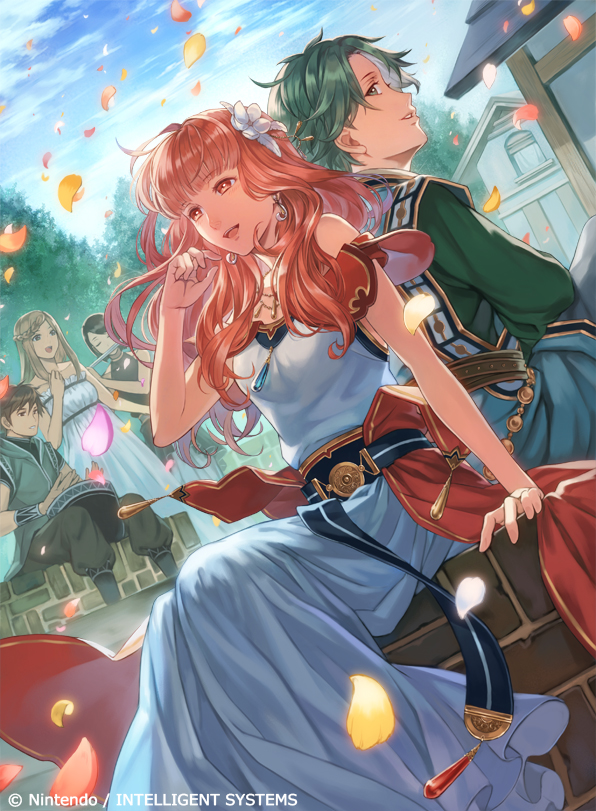 2boys 3girls alm_(fire_emblem) alternate_costume back-to-back blonde_hair braid brown_hair celica_(fire_emblem) cloud cloudy_sky day dress drum earrings eyebrows_visible_through_hair fire_emblem fire_emblem_cipher fire_emblem_echoes:_mou_hitori_no_eiyuuou flower flute green_eyes green_hair hair_flower hair_ornament hand_in_hair house instrument jewelry kato_ayaka long_hair multiple_boys multiple_girls necklace official_art open_mouth orange_hair outdoors pants parted_lips petals profile sash shirt short_hair sitting sky sleeveless tree vest watermark white_dress wind