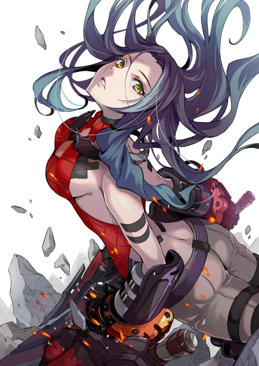 1girl black_hair breaking breasts character_request god_eater gradient gradient_hair green_eyes highres holding holding_sword holding_weapon long_hair mechanical multicolored_hair parted_lips pokimari rock scar scar_across_eye shatter simple_background solo sparks sword teeth weapon white_background